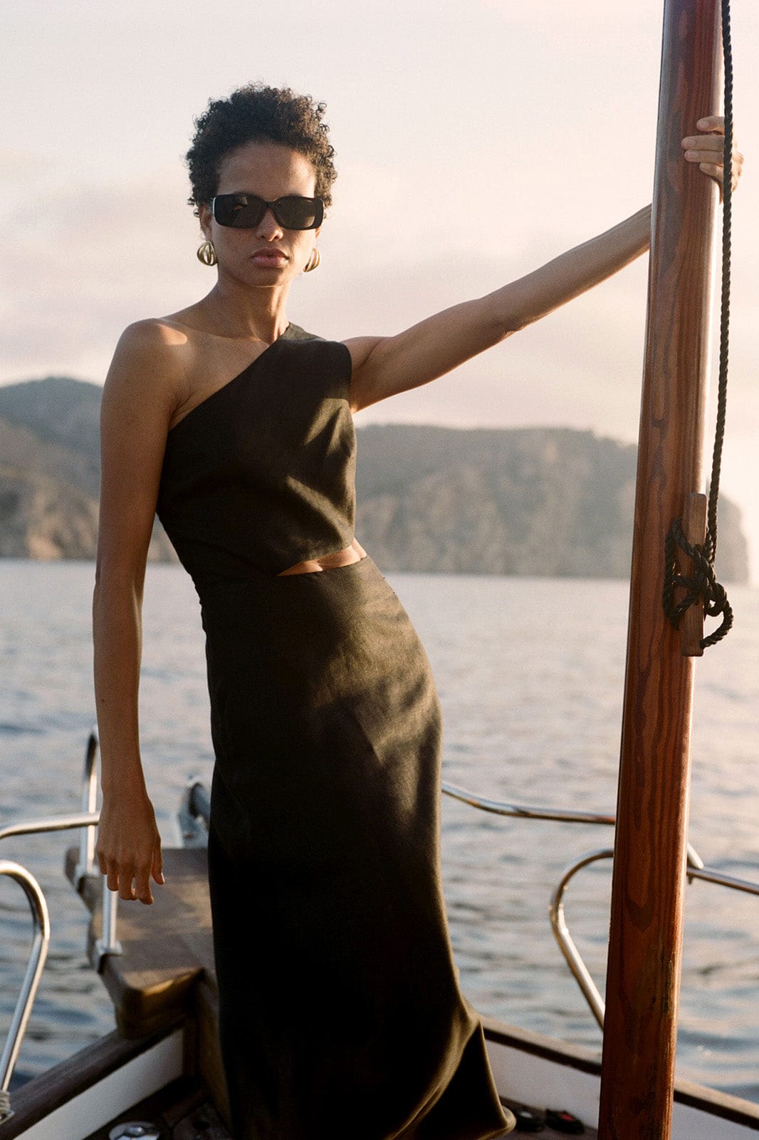 black asymmetrical maxi dress arkitaip Long Sleeve A-Line Mini prom-dresses Color:Military Olive