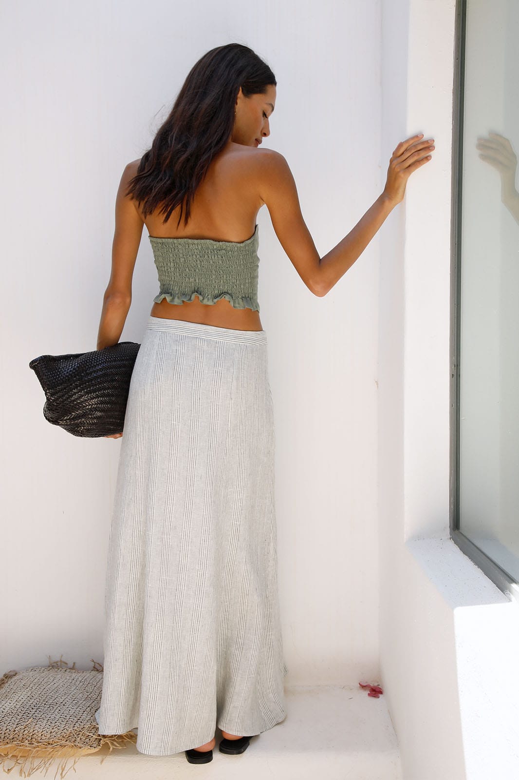 arkitaip Skirts The Arabella Bias-Cut Maxi Skirt in striped olive green