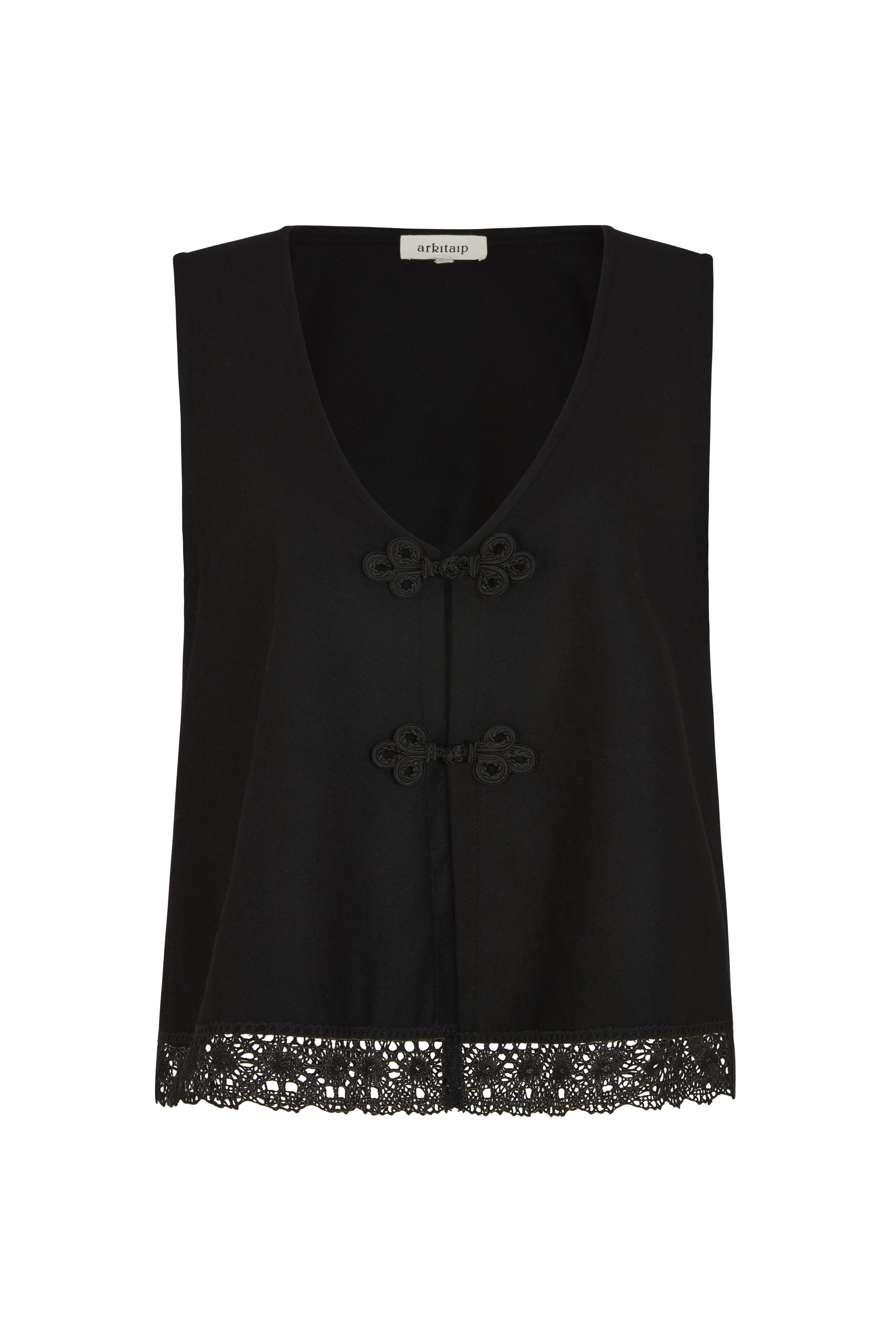 arkitaip Tops The Marie Sleeveless Wool Vest in black with lace trim