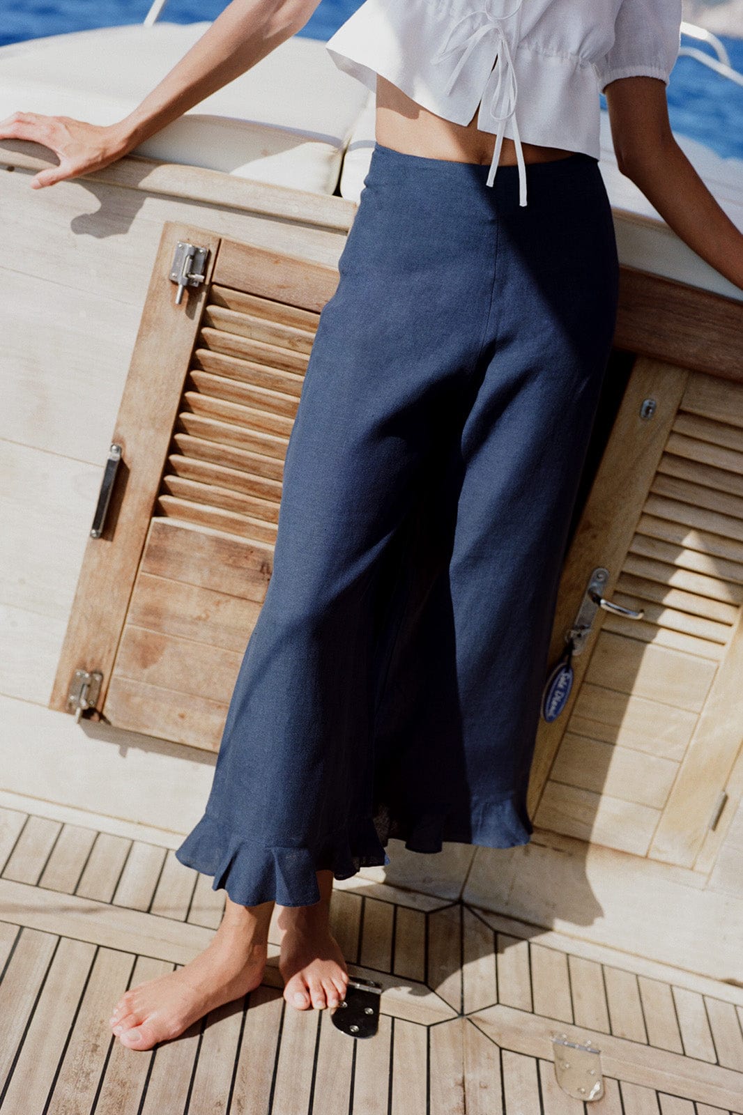 arkitaip Trousers The Clara Ruffled Linen Trousers in Navy Blue