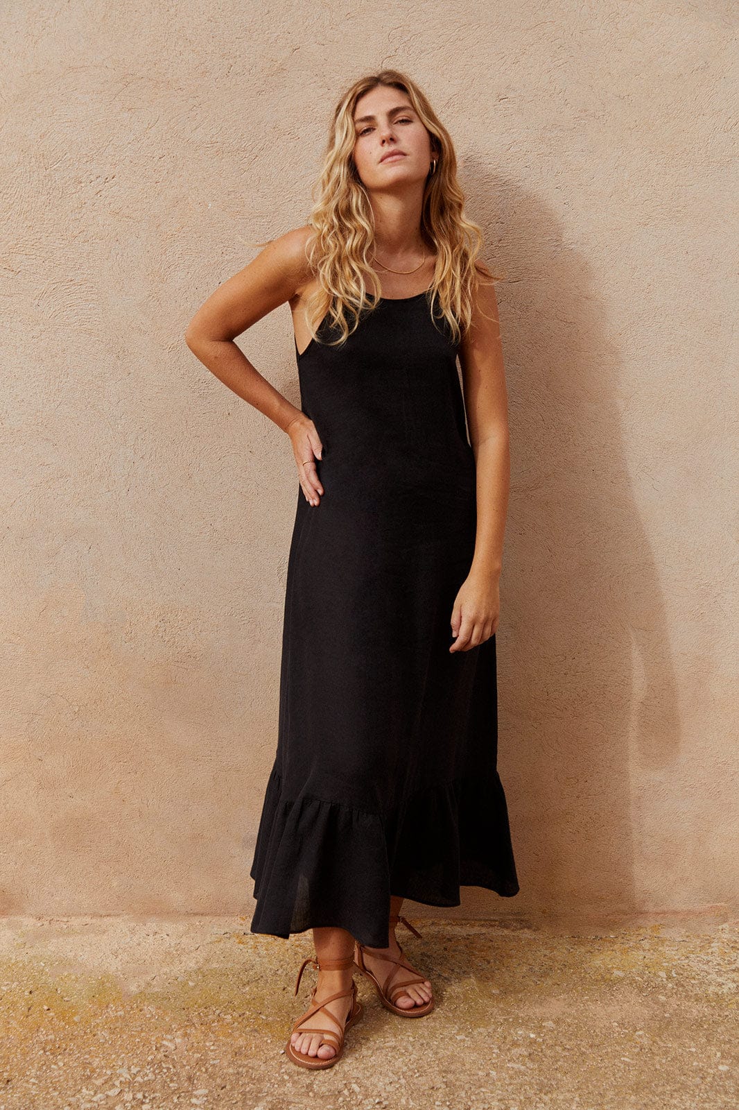 arkitaip Maxi Dresses The Gerda Ruffled Slip Dress in black