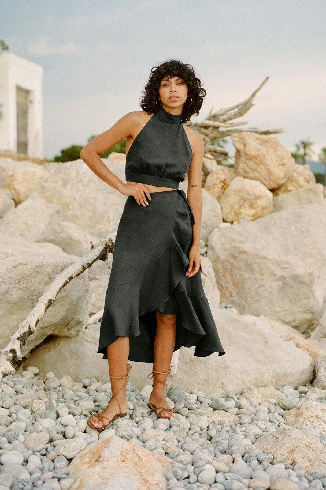 The Catalina Linen Wrap Skirt in black