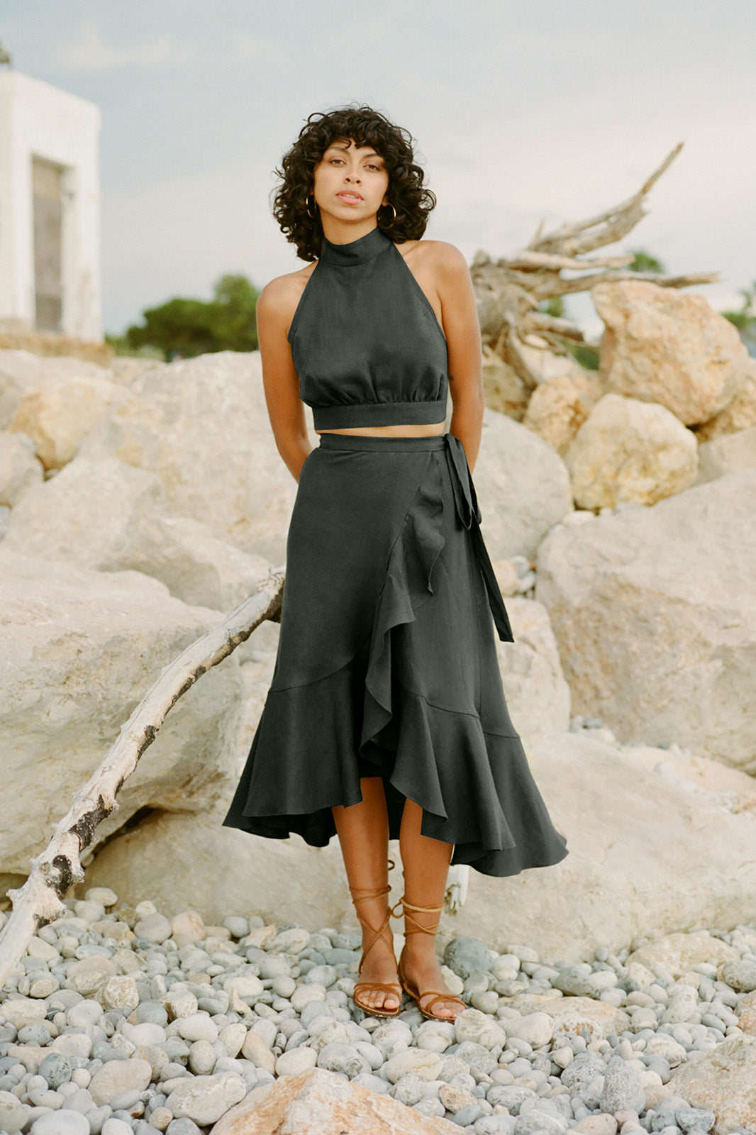 The Catalina Linen Wrap Skirt in black