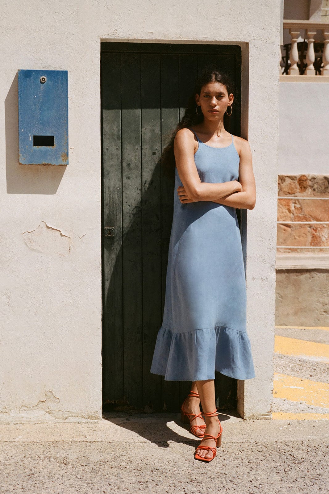 arkitaip Dresses The Gerda Ruffled Slip Dress in poppy blue