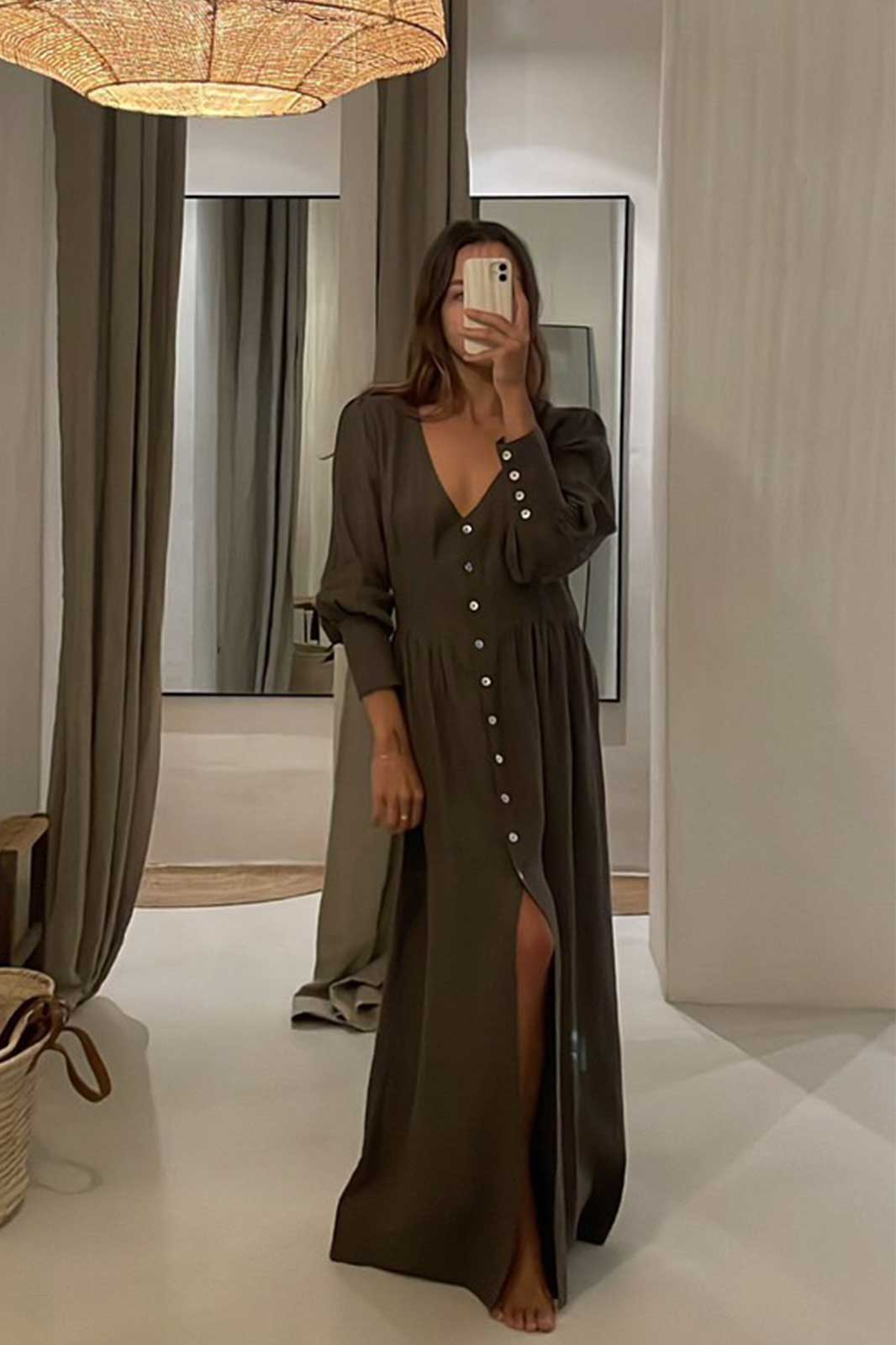 arkitaip Maxi Dresses The Gertrude Linen Maxi Dress in mocha