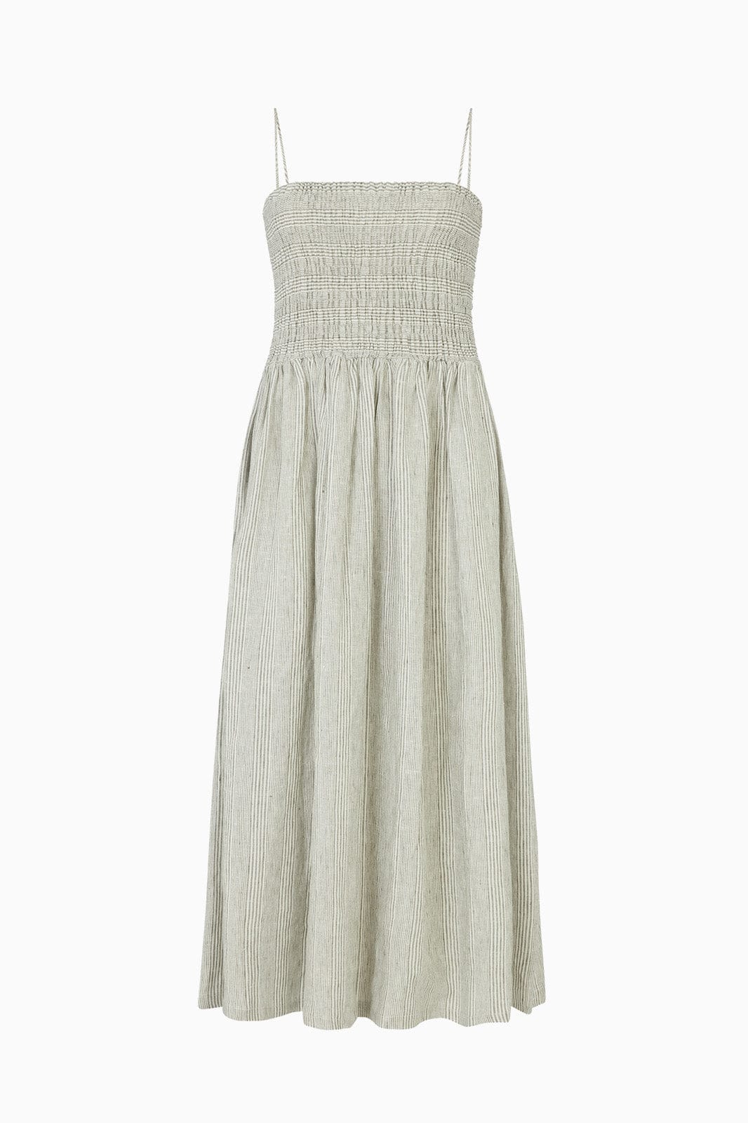 arkitaip Maxi Dresses The Harlow Smocked Maxi Dress in striped olive green
