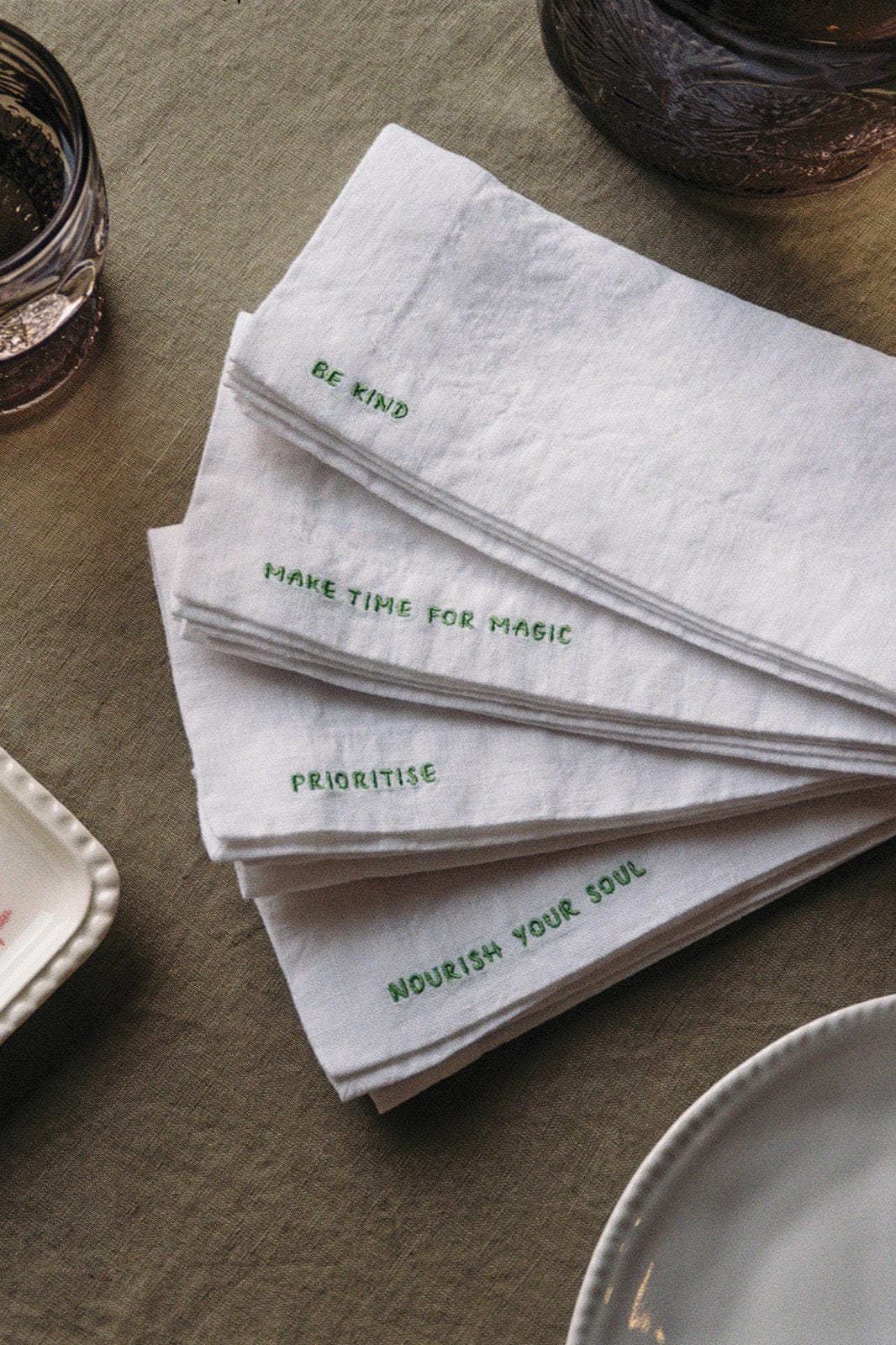 arkitaip Napkins White/Green Gratitude Linen Napkins - Set of 4