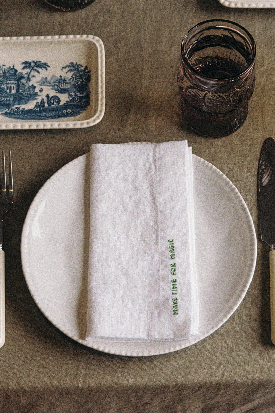 arkitaip Napkins White/Green Gratitude Linen Napkins - Set of 4