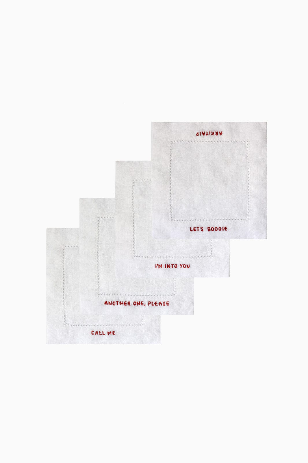 arkitaip Napkins White/Poppy Blue Gratitude Hemstitched Cocktail Linen Napkins - Set of 4