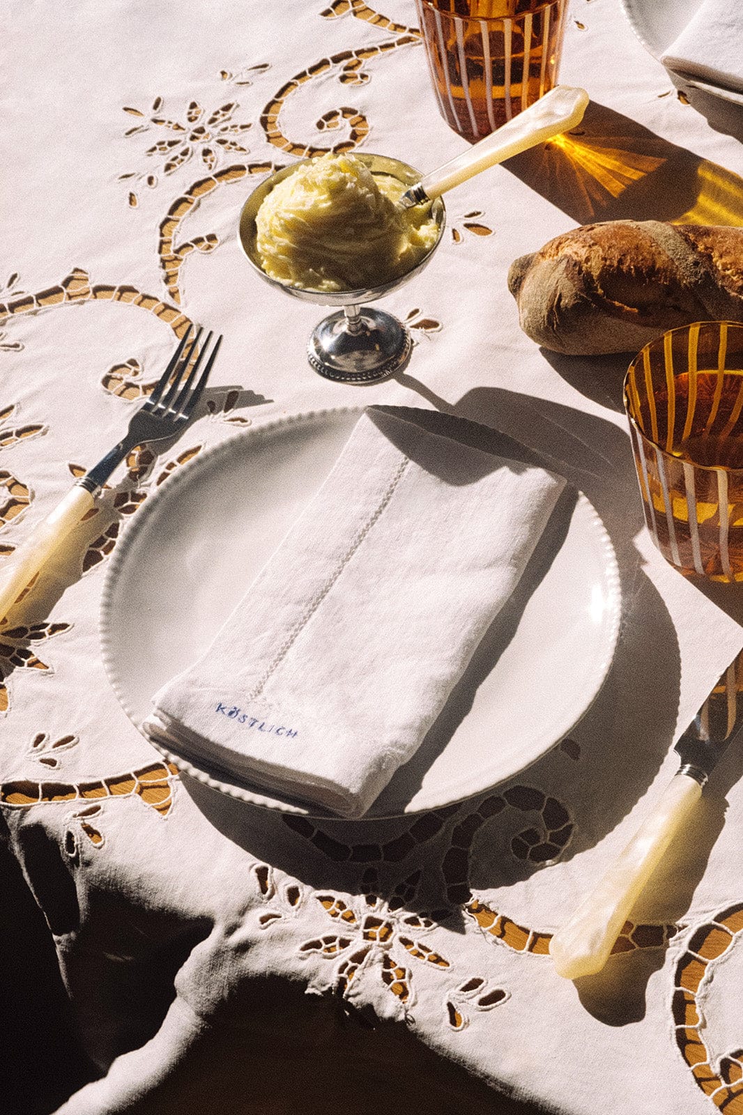 arkitaip Napkins White/Poppy Blue Gratitude Hemstitched Linen Napkins - Set of 4
