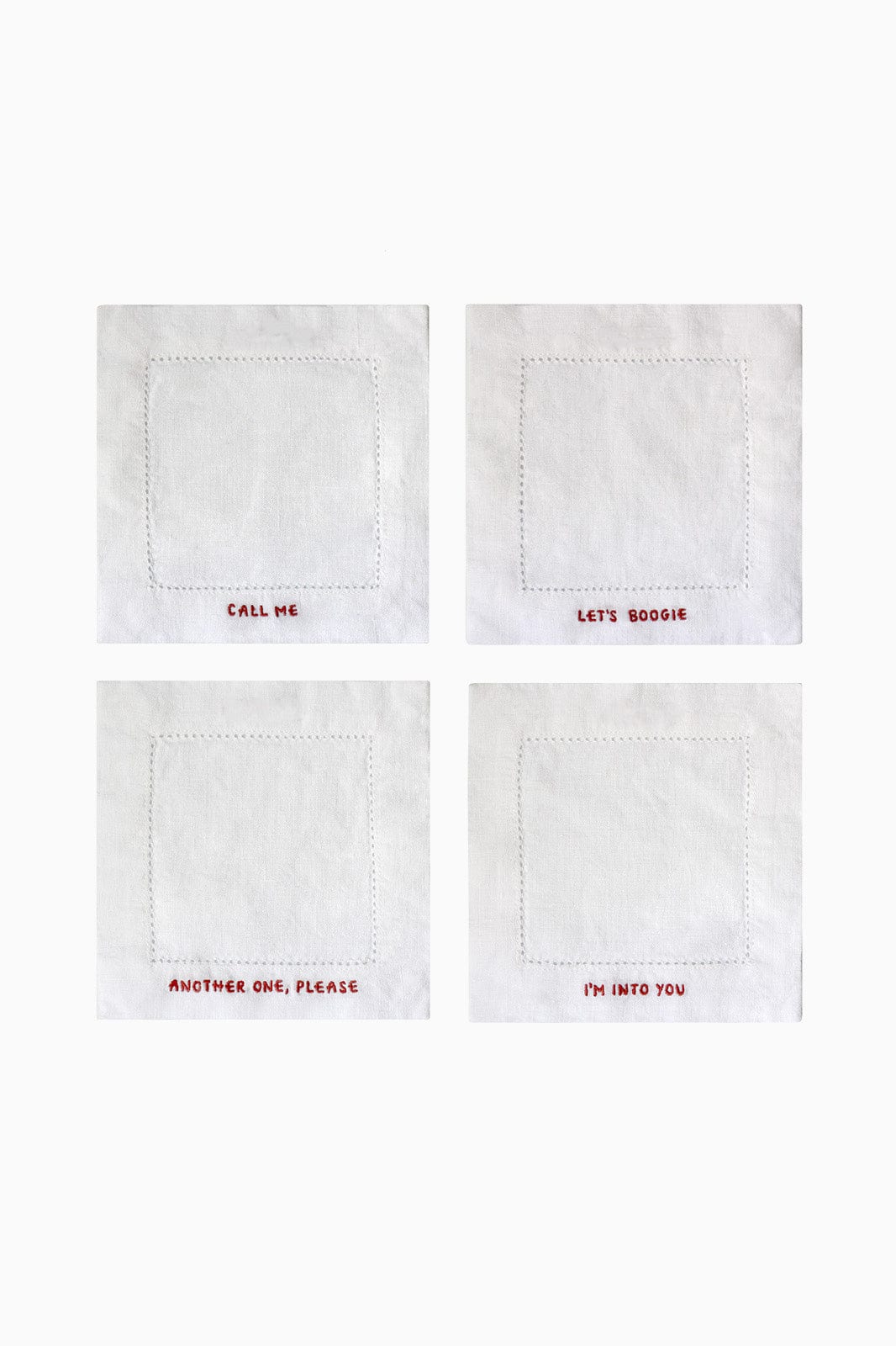 arkitaip Napkins White/Red Gratitude Hemstitched Cocktail Linen Napkins - Set of 4