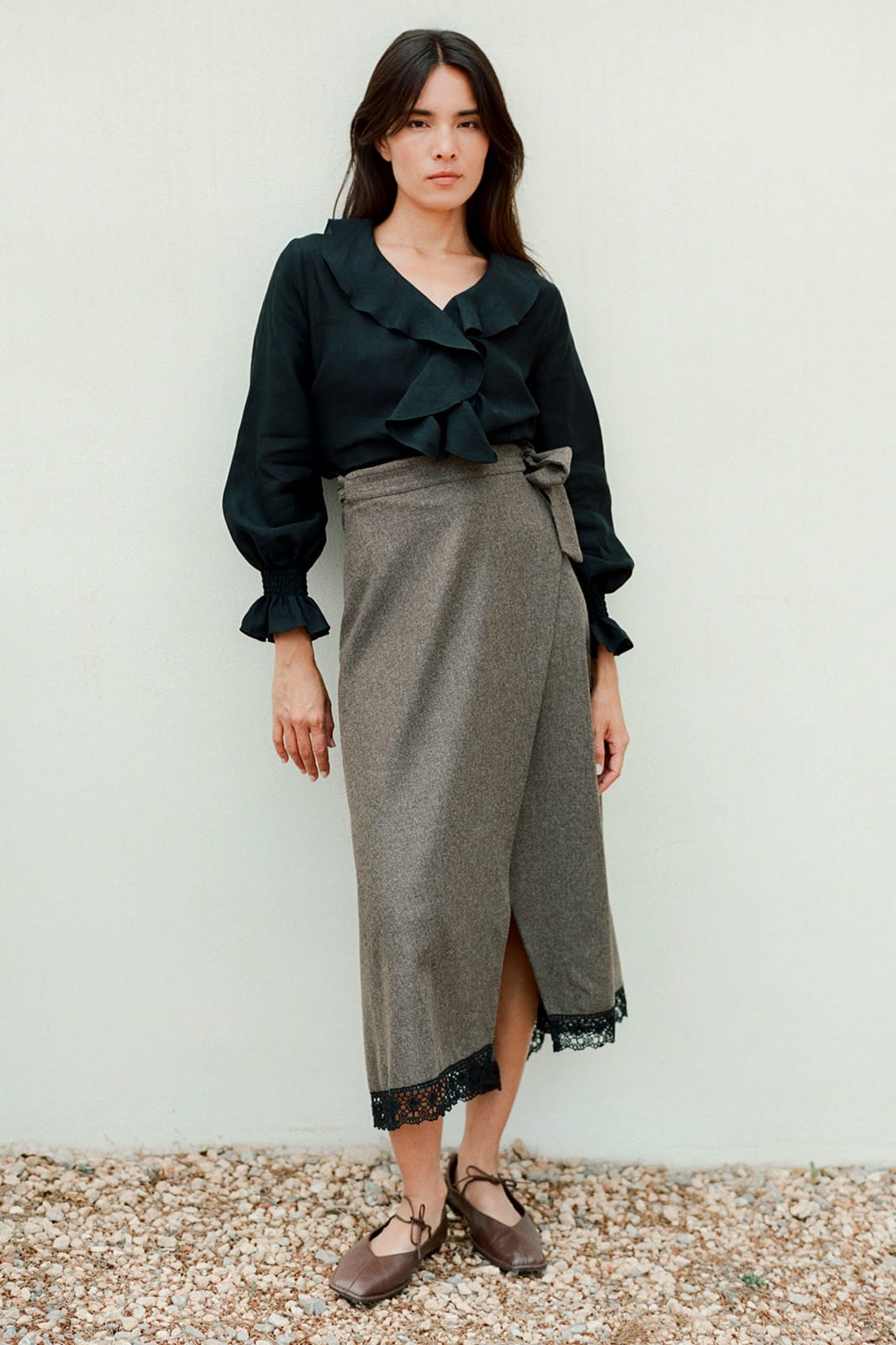 arkitaip Skirts The Zoe Wool Wrap Skirt with lace trim in mocha