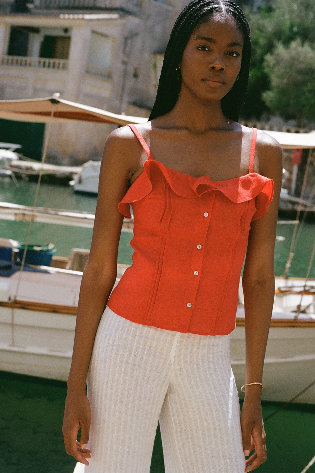 arkitaip The Lena Ruffled Bardot Top in red