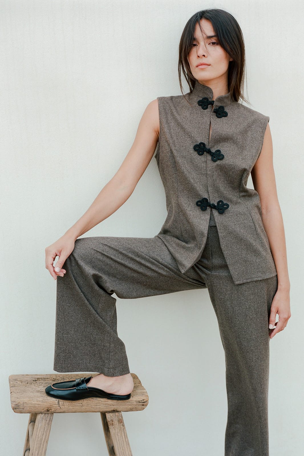 arkitaip Tops The Aria Stand-Up Collar Wool Vest in mocha