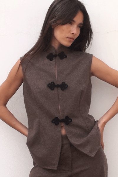 arkitaip Tops The Aria Stand-Up Collar Wool Vest in mocha