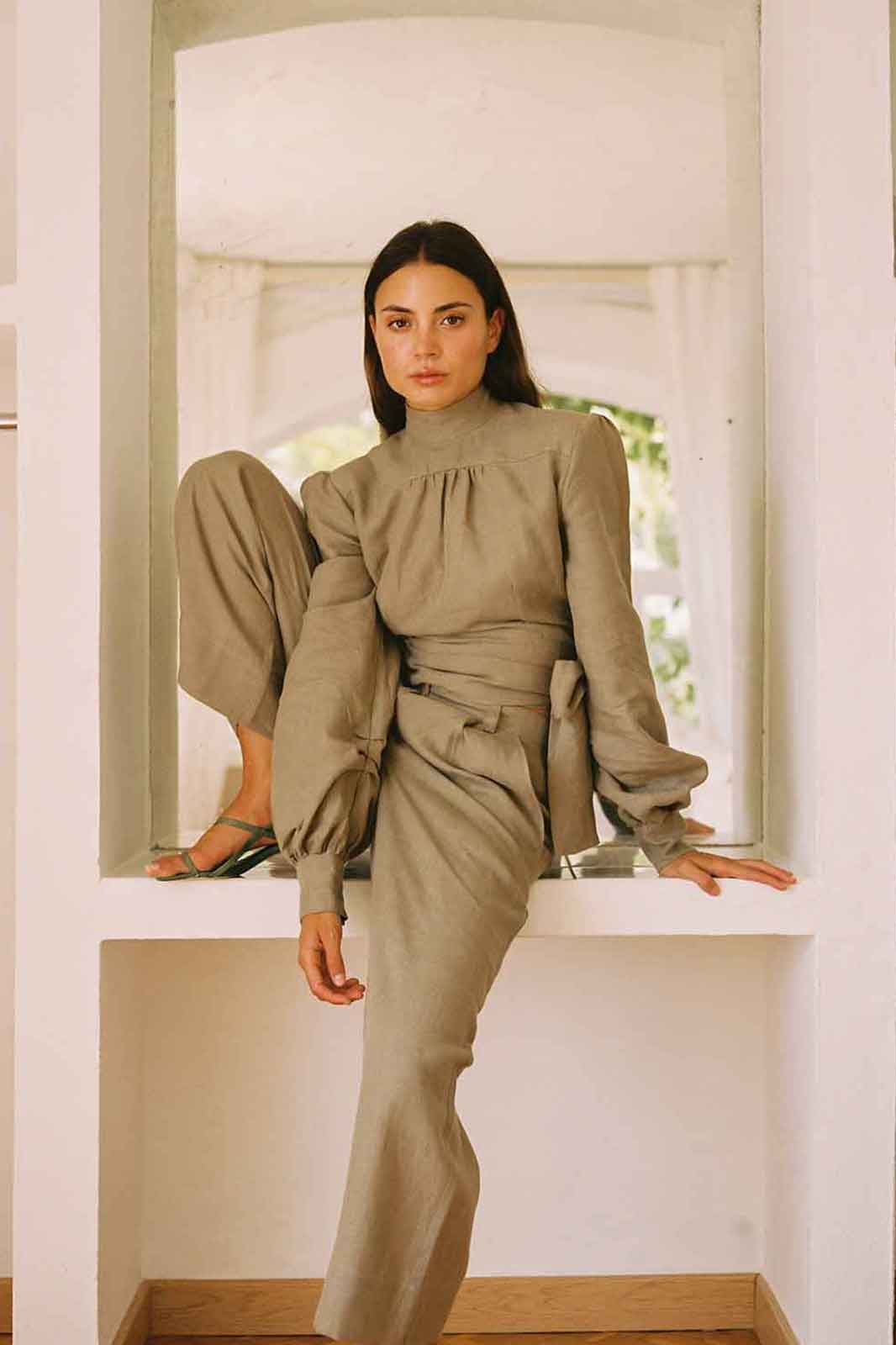 arkitaip Tops The Gabri Linen Wrap Top in taupe - Sample