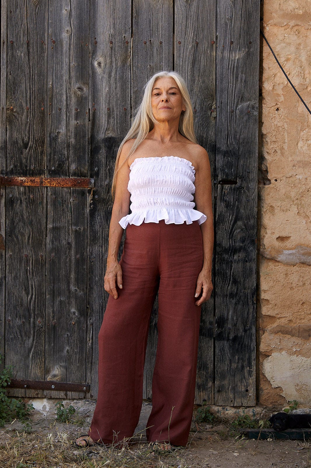 arkitaip trousers the clara flared high rise linen trousers in terracotta sample 32262717997145