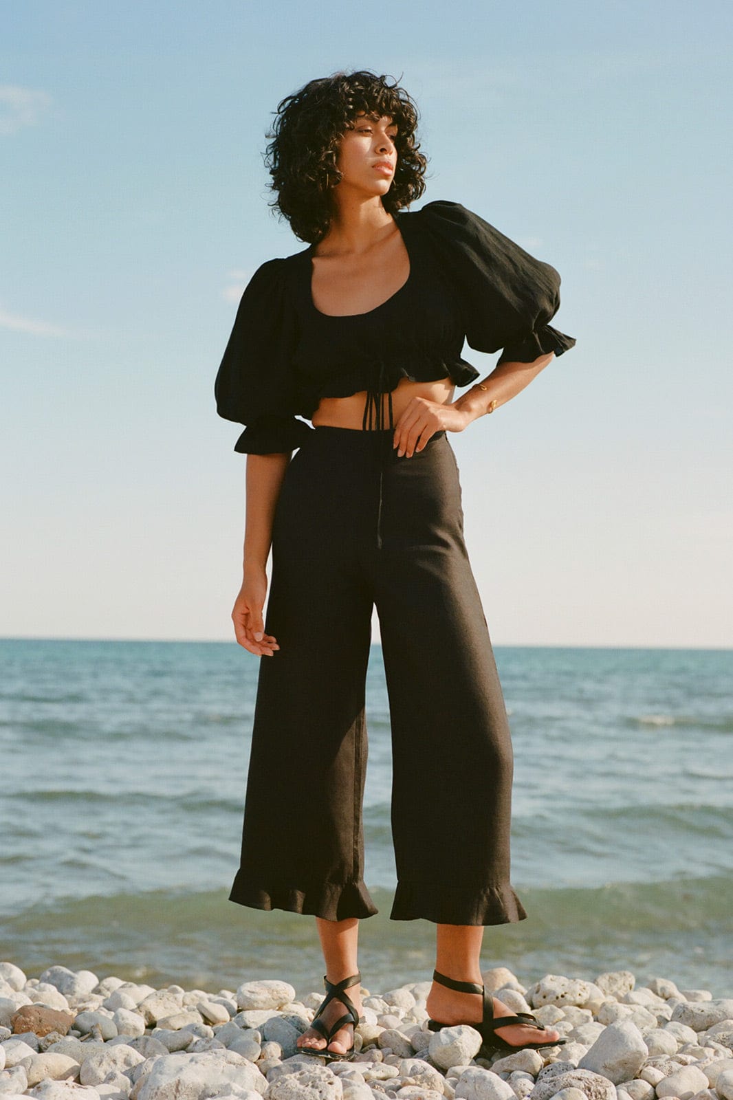arkitaip Trousers The Clara Ruffled Linen Trousers in black
