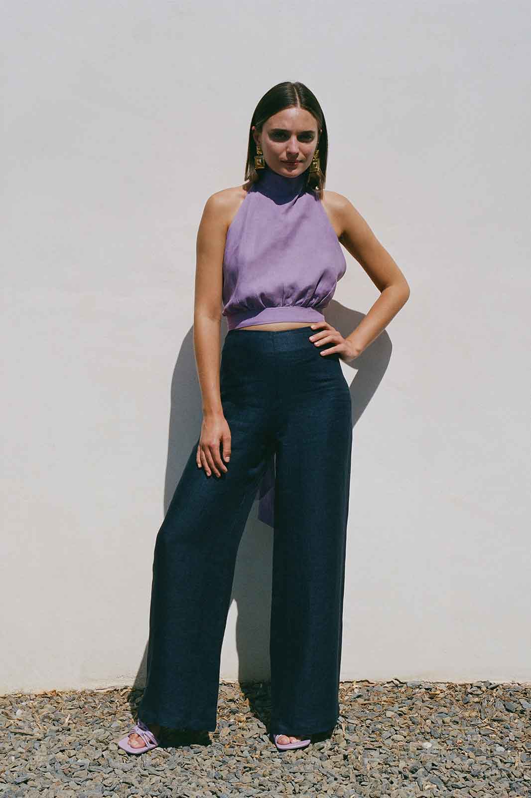 arkitaip Trousers The Clara Wide Leg Linen Trousers in denim blue - Sample