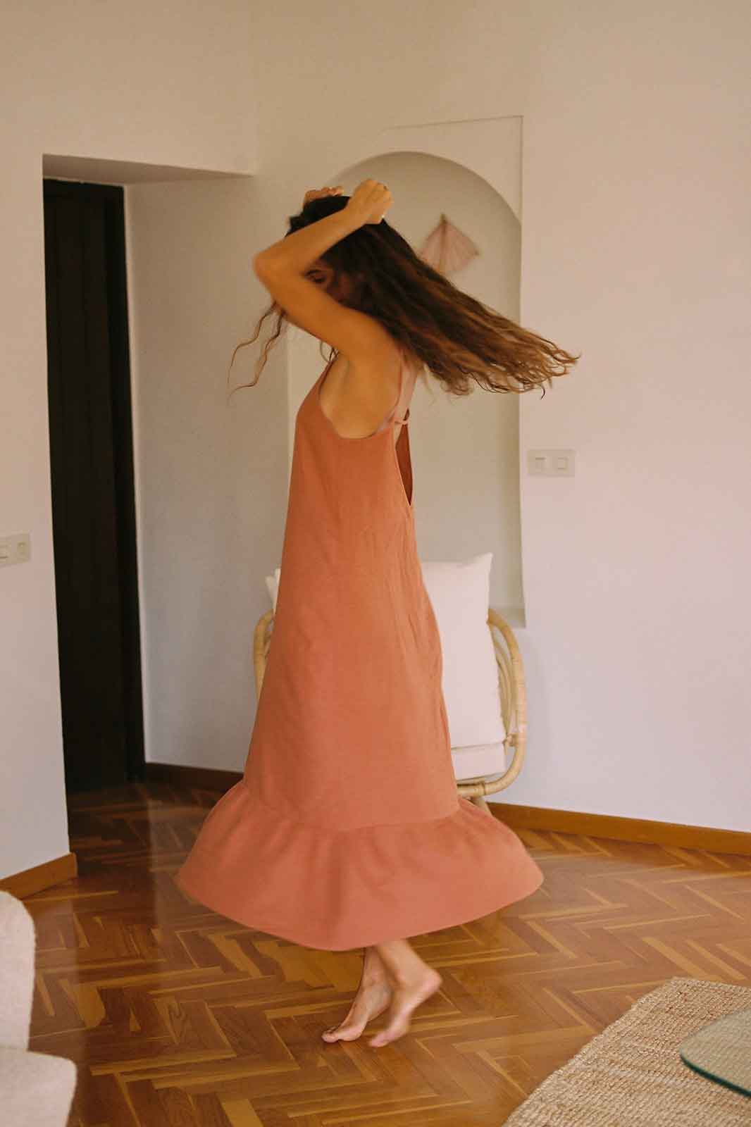 arkitaip Dresses The Gerda Ruffled Slip Dress in Tangerine