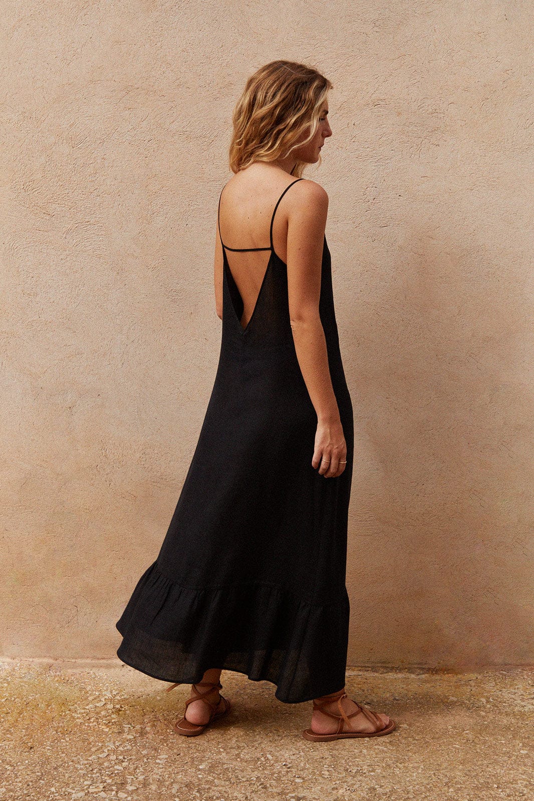 arkitaip Maxi Dresses The Gerda Ruffled Slip Dress in black