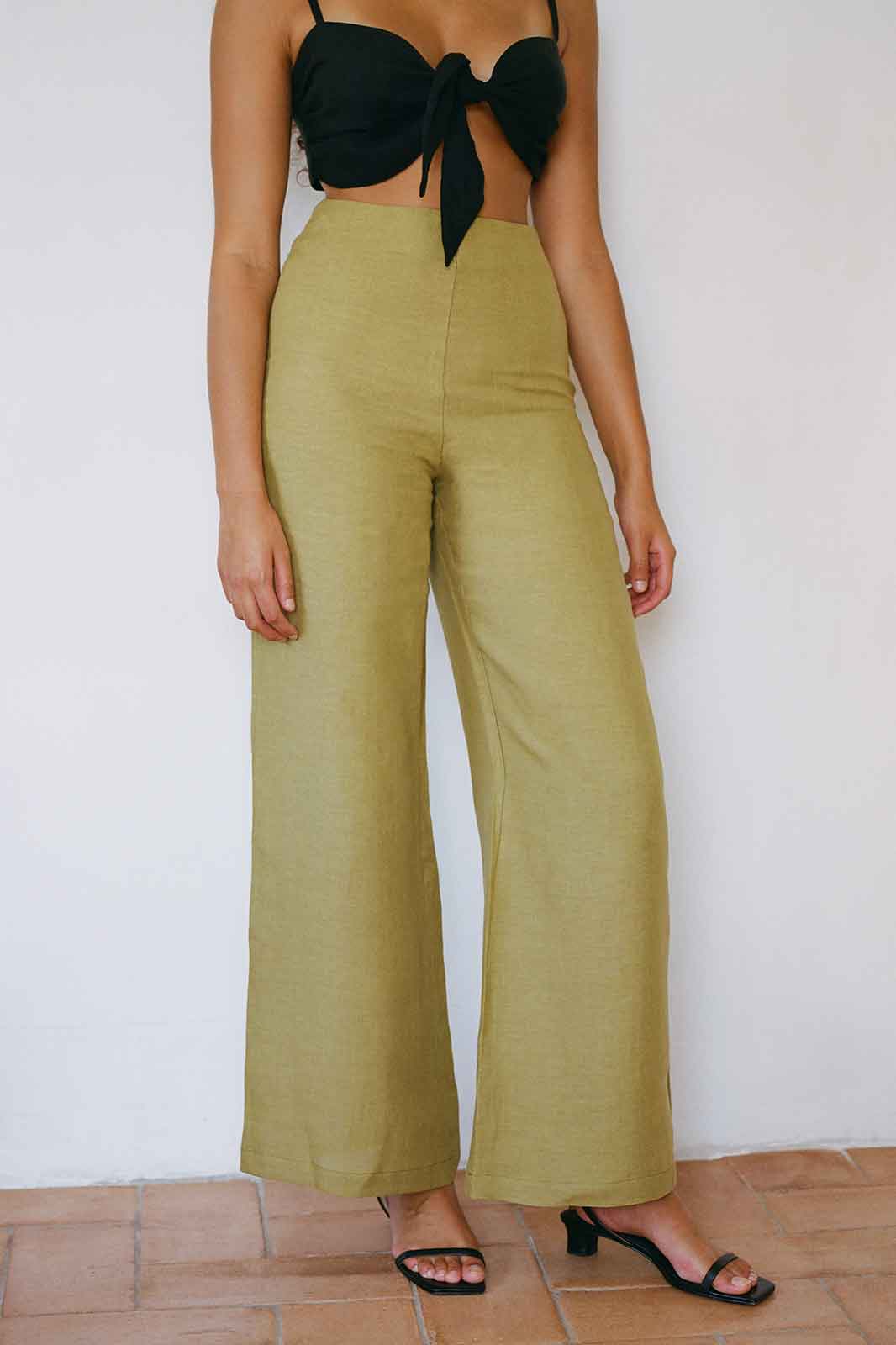 arkitaip Trousers The Clara Flared Linen Trousers in Willow Green