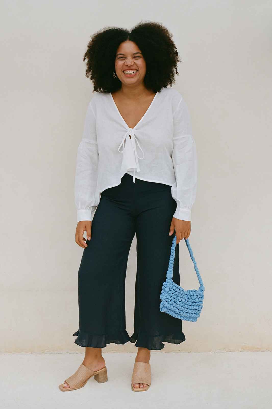 arkitaip Trousers The Clara Ruffled Linen Trousers in Navy Blue