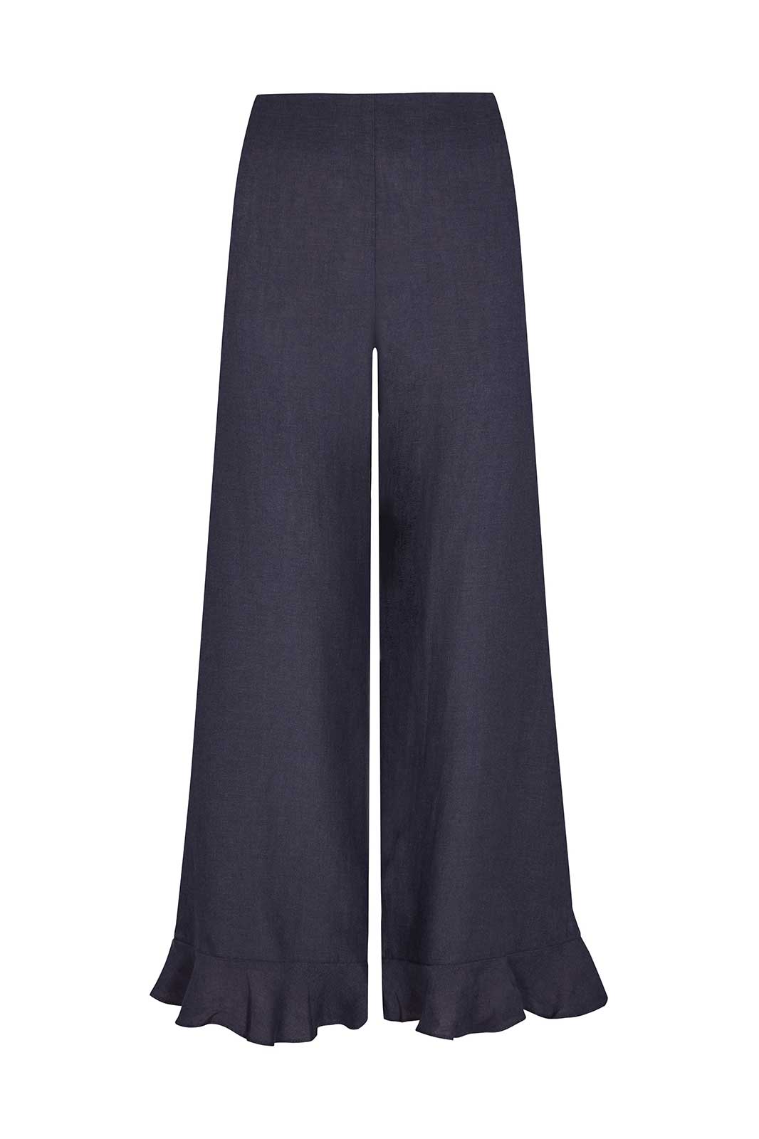 arkitaip Trousers The Clara Ruffled Linen Trousers in Navy Blue